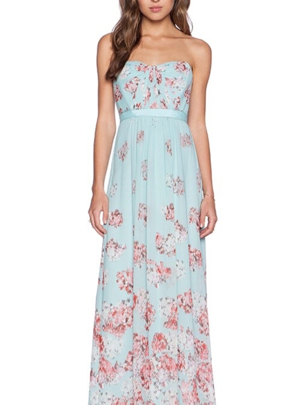BCBGMaxAzria Strapless Floral Maxi Dress in Light Blue and Pink